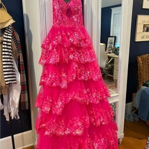 Sherri Hill Hot Pink Tiered Sequin Floral Prom Gown